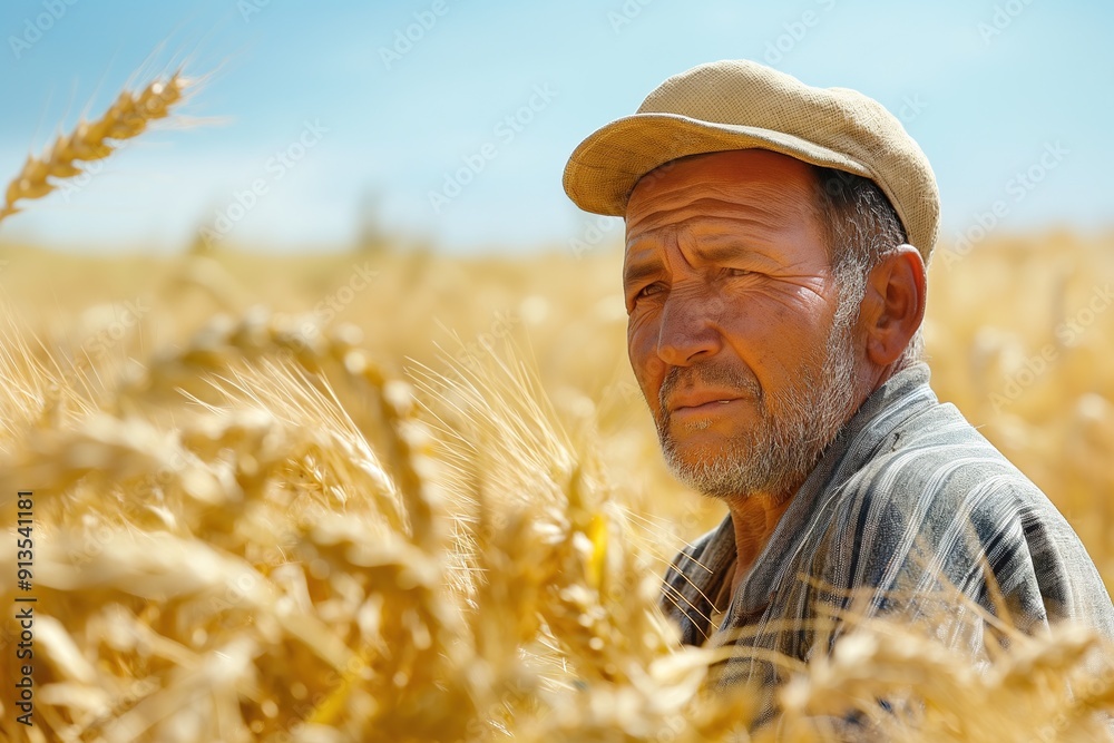 A farmer stands in a field of golden wheat, his weathered face reflecting a lifetime of hard work. A farmer stands in a field of golden wheat, his weathered face reflecting a lifetime of hard work.