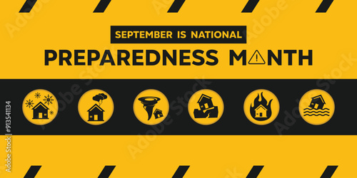 September is National Preparedness Month. Snow, lightning, tornado, earthquake, fire, flood. Suitable for cards, banners, posters, social media and more. Yellow background.