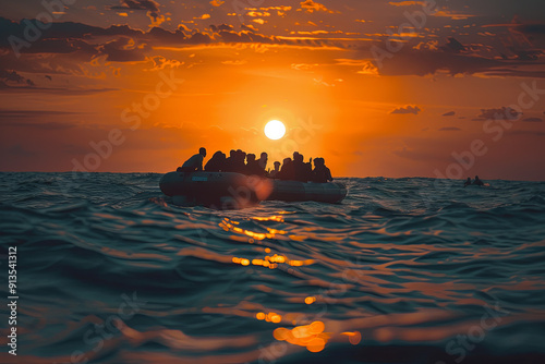 Migrant vessel in the Sea with migrants aboard an inflatable vessel,  migrant crisis
