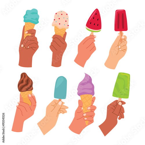 Set of hand holding ice cream cone set collection, tropical cocktails, National ice cream day, dessert, Human arms hold cone with soft colorful balls, wirls of gelato and chocolate sprinkles, popsicle