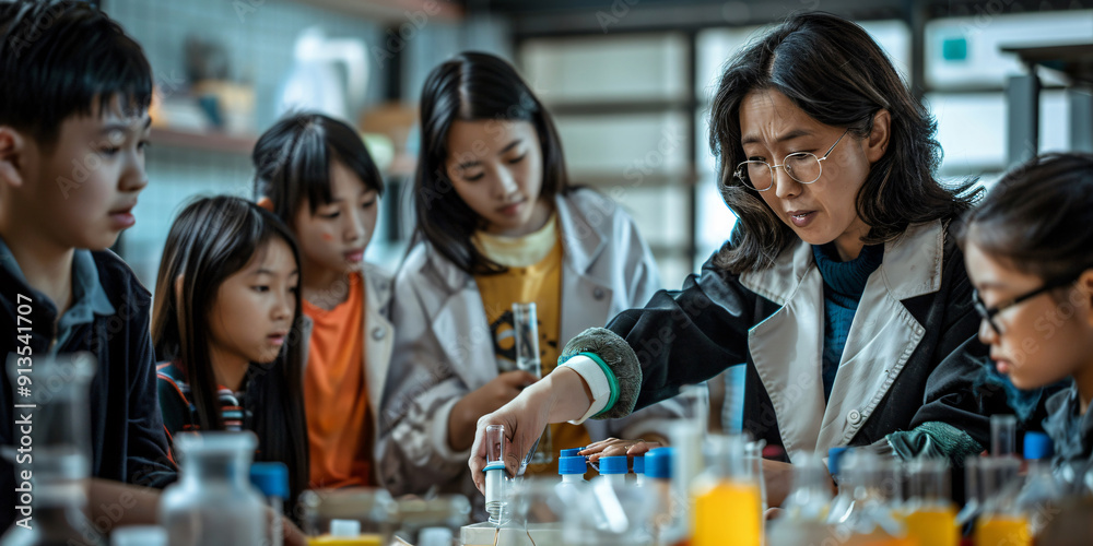 A group of students gather around their teacher in a science classroom, engrossed in a hands-on learning experience. A group of students gather around their teacher in a science classroom, engrossed in a hands-on learning experience.