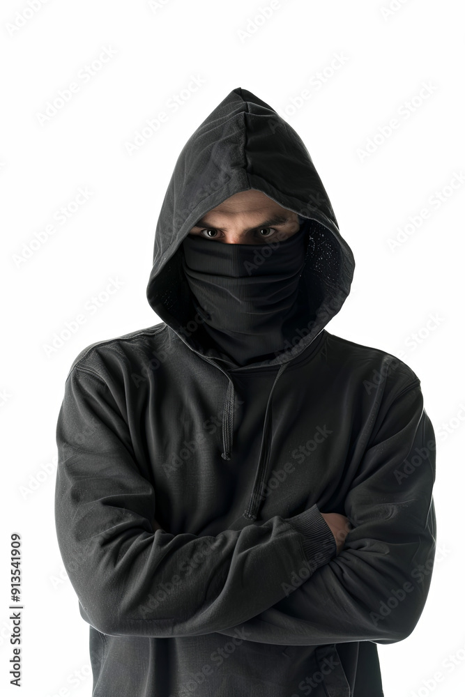 Violence concept with a half-turned thief wearing a black mask and hoodie, looking angrily at the camera, isolated on a white background Violence concept with a half-turned thief wearing a black mask and hoodie, looking angrily at the camera, isolated on a white background