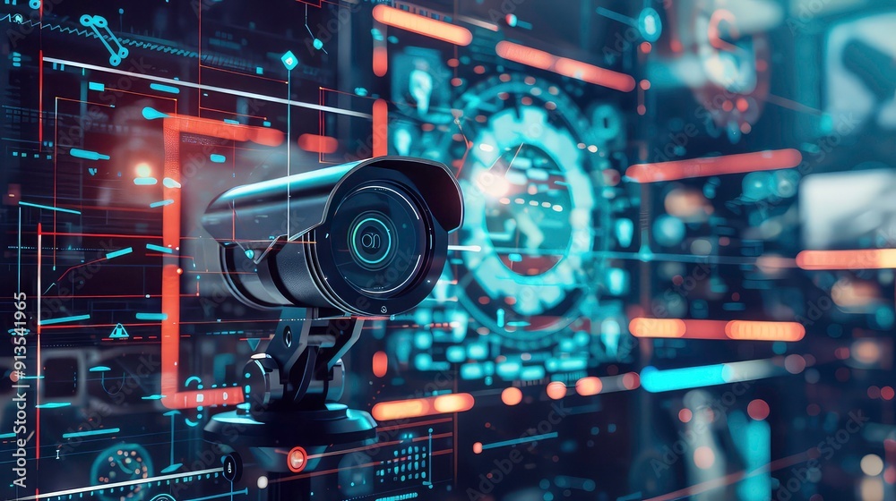 A black security camera lens with a blue and white circle in the center, against a digital background of overlapping orange and blue lines, circles and geometric shapes. A black security camera lens with a blue and white circle in the center, against a digital background of overlapping orange and blue lines, circles and geometric shapes.