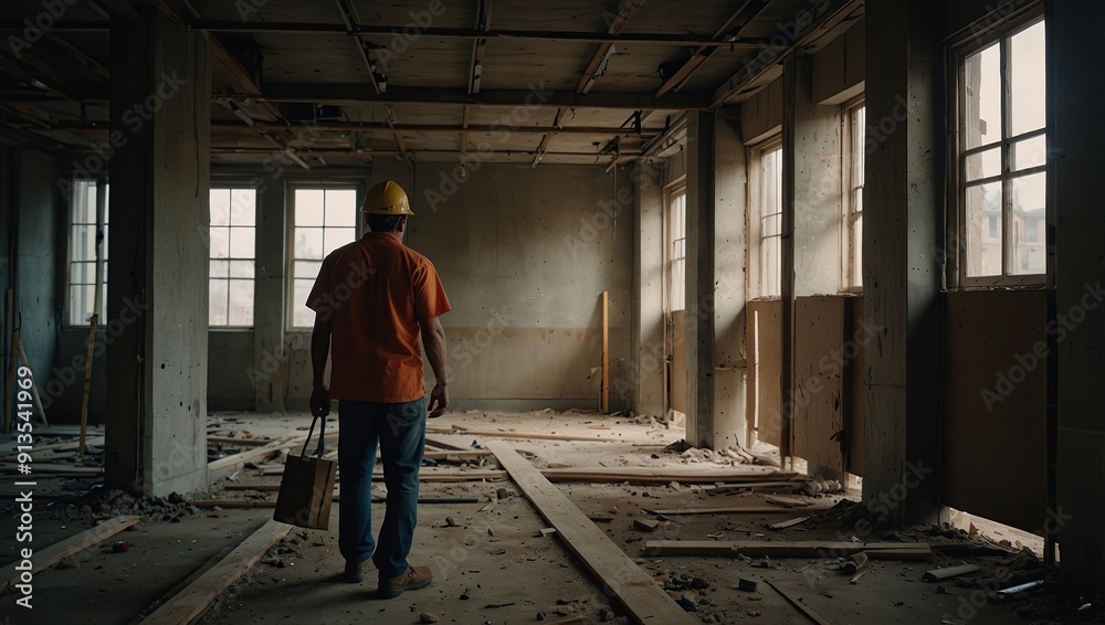 Fototapeta premium Construction Worker Standing in Unfinished Room During Daytime