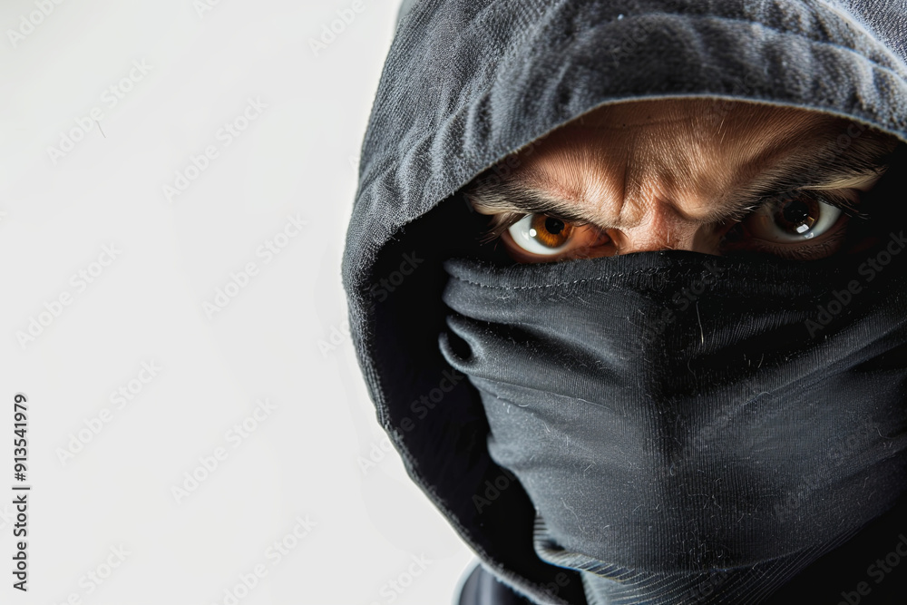 Violence concept with a half-turned thief wearing a black mask and hoodie, looking angrily at the camera, isolated on a white background Violence concept with a half-turned thief wearing a black mask and hoodie, looking angrily at the camera, isolated on a white background