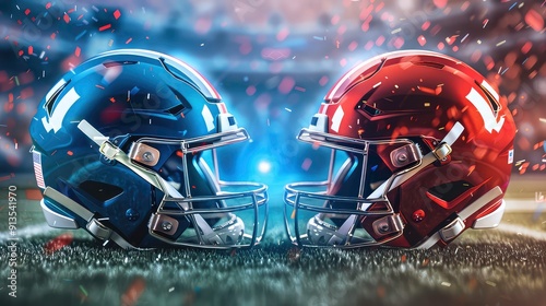 Two American football helmets in blue and orange, with the American flag on the side, are placed side-by-side on a green field, ready for the game. photo