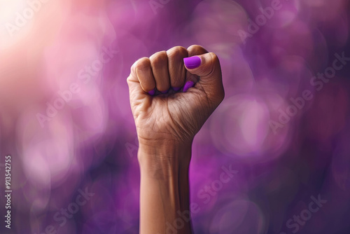 Raised purple fist of a woman for International Women's Day and the feminist movement photo