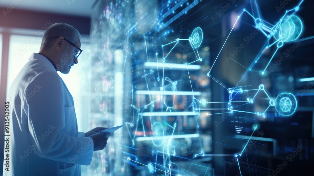 A doctor in a white coat is interacting with a tablet displaying a holographic interface, A doctor in a white coat is interacting with a tablet displaying a holographic interface,