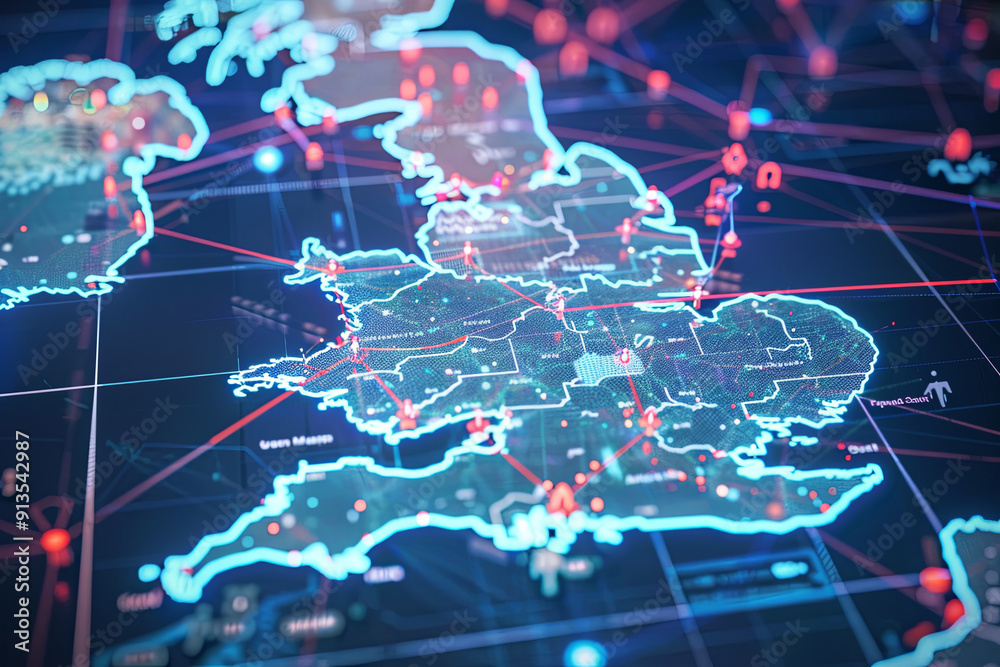Map of a country highlighting areas where neural tech has been implemented in governance, showing improved efficiency and outcomes for citizens Map of a country highlighting areas where neural tech has been implemented in governance, showing improved efficiency and outcomes for citizens