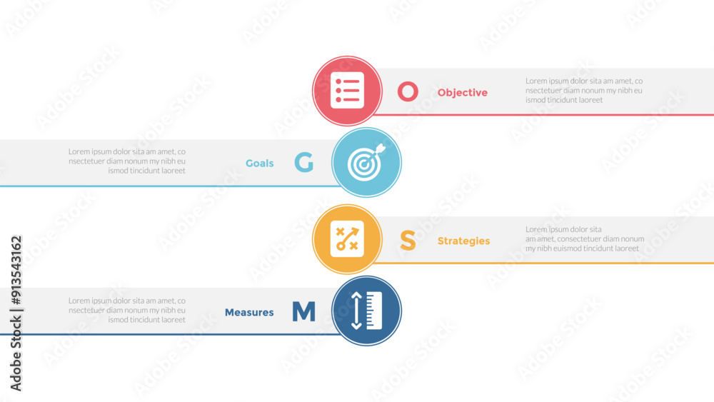 OGSM model framework infographics template diagram with circle badge and rectangle box with 4 point step design for slide presentation OGSM model framework infographics template diagram with circle badge and rectangle box with 4 point step design for slide presentation
