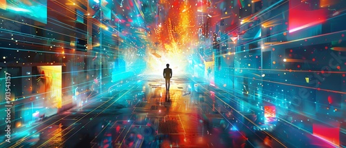 Person in a hall of colorful spacelike visuals, immersive and futuristic photo