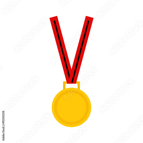 A gold medal with a red ribbon to be worn around the neck of the winner in a contest or championship