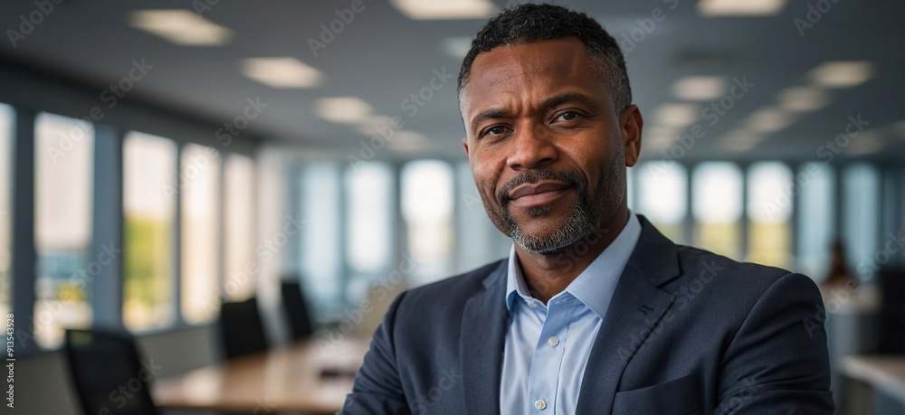 Fototapeta premium Corporate, portrait and black man with arms crossed in office for legal advice, professional and experience. Career, male lawyer or immigration attorney with confidence for job, work and law firm