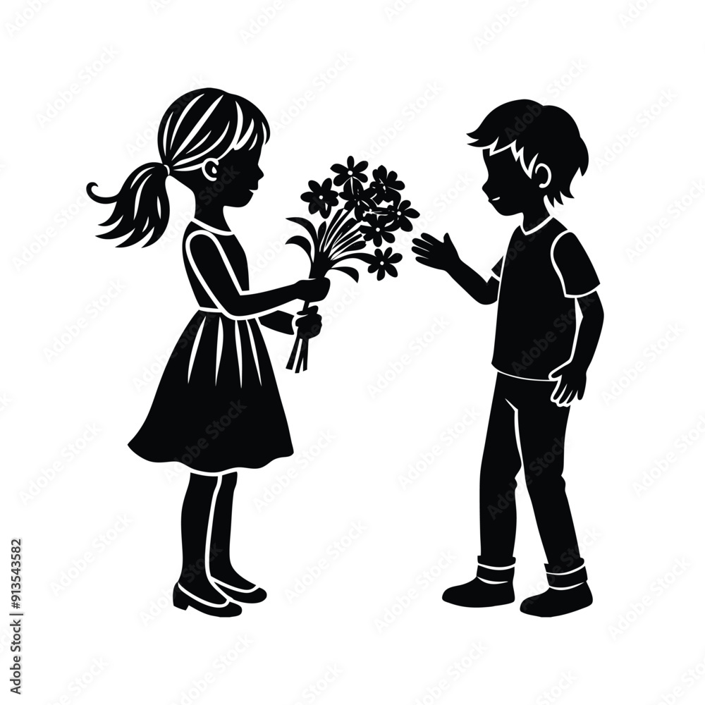 Boy Giving Flowers to Girl Silhouette Vector Boy Giving Flowers to Girl Silhouette Vector