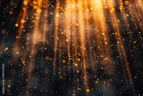 abstract golden rain falling down on dark background, light rays coming from the top of the frame,