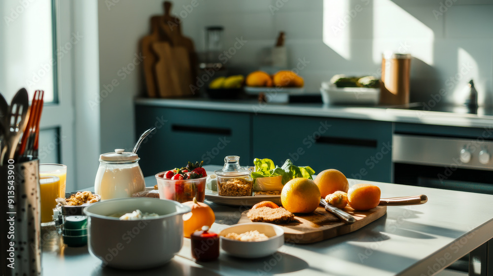 Bright and Inviting Breakfast Spread with Fresh Fruits and Juice Bright and Inviting Breakfast Spread with Fresh Fruits and Juice