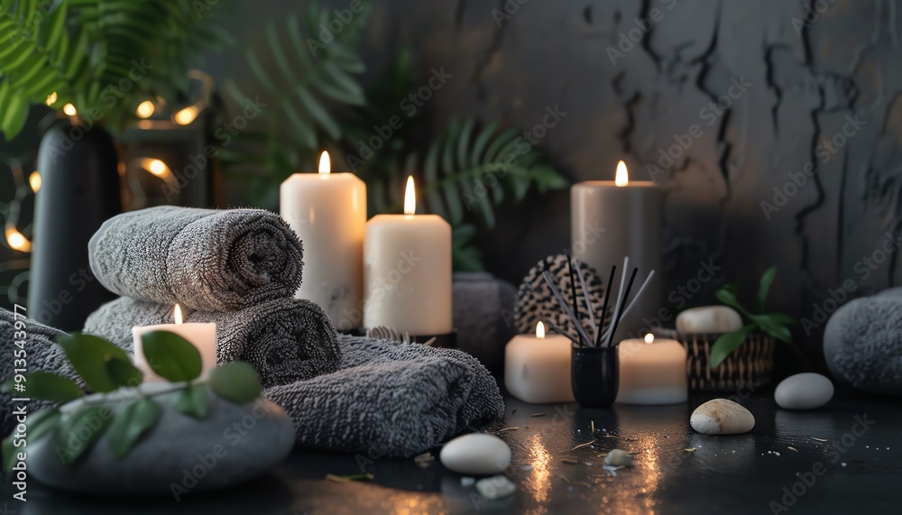 Relaxing spa setting with candles, towels, and natural elements on a dark surface
