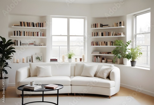 Interior of a A modern, minimalist living room with a large white curved sofa, built-in bookshelves on the walls, and a large window providing natural light