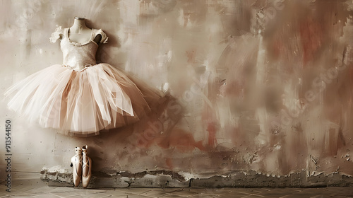 Ballet dress and shoes on a wall, ballet tutu and ballet slippers banner or card, sepia retro background and copy space