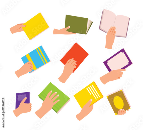 Set of hand holding book set collection, Book in hands, Read books lovers. College education. Bookworm, bookstore, library, textbook exchange and sharing, bookcrossing, education and knowledge concept