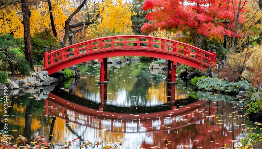 Fototapeta premium Serene Japanese garden with a red bridge over a pond and autumn foliage
