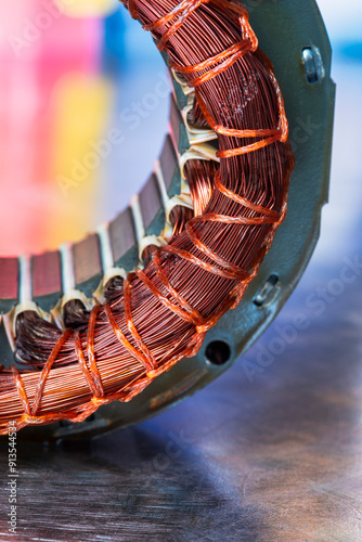 Fotografía Copper winding of stator the electric motor, close-up view