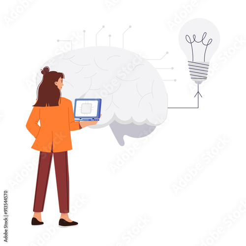 A character based flat style illustration of machine thinking 

