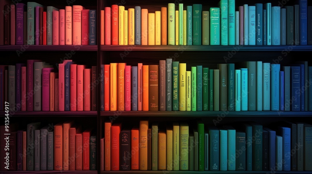 Fototapeta premium Vibrant Bookshelves Displaying Colorful Books Arranged in Rainbow Order Against Dark Background