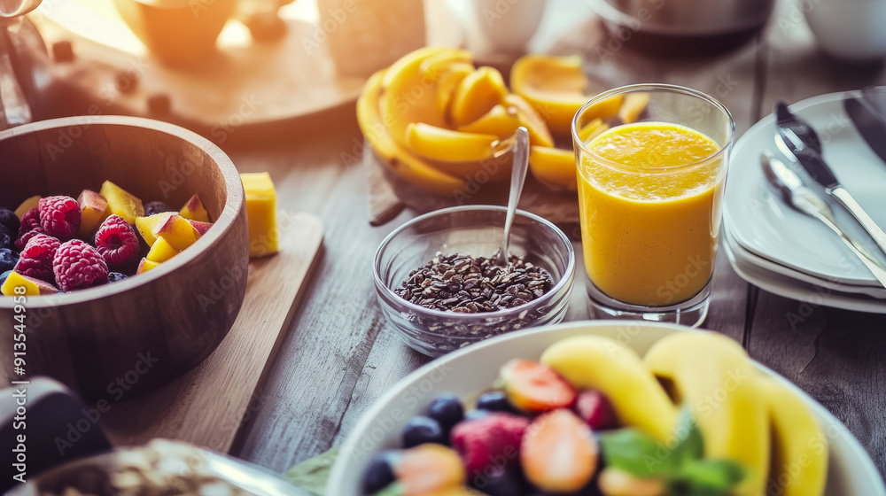Bright and Inviting Breakfast Spread with Fresh Fruits and Juice Bright and Inviting Breakfast Spread with Fresh Fruits and Juice