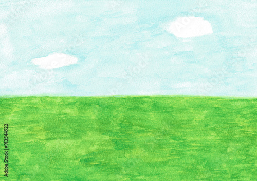 手描きの水彩イラスト　草原と空