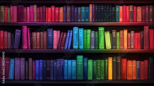 Vibrant Bookshelves Displaying Colorful Books Arranged in Rainbow Order Against Dark Background