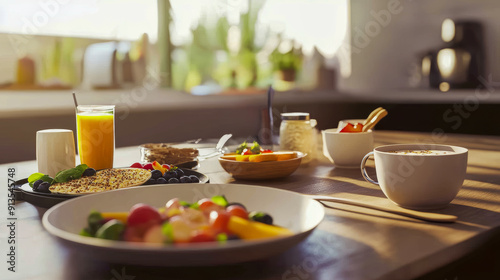 Bright and Inviting Breakfast Spread with Fresh Fruits and Juice