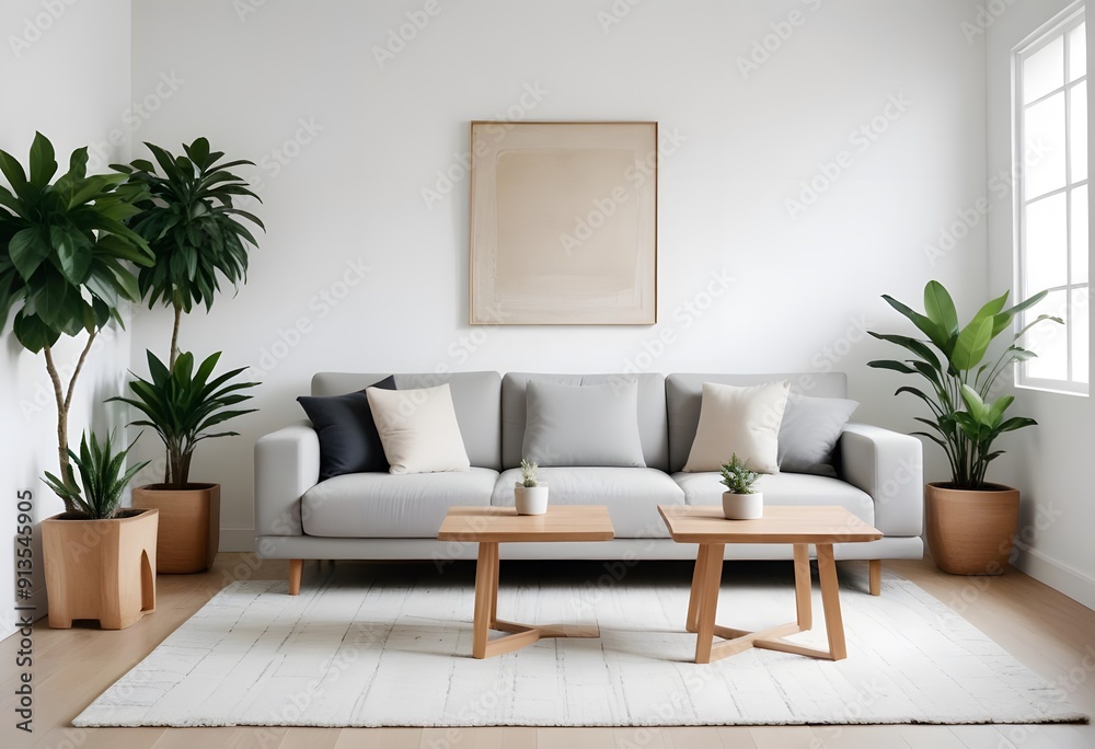 Interior of a A minimalist living room with poster frame a white sofa, wooden coffee table, and a large framed artwork on the wall Interior of a A minimalist living room with poster frame a white sofa, wooden coffee table, and a large framed artwork on the wall
