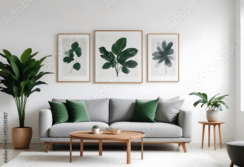 Interior of a A minimalist living room with poster frame a white sofa, wooden coffee table, and a large framed artwork on the wall