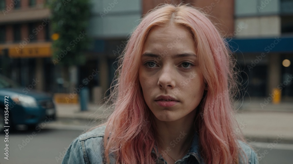 Urban portrait of young woman with long pink hair Urban portrait of young woman with long pink hair