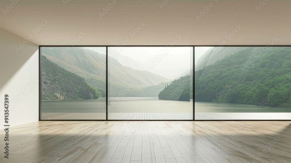 Fototapeta premium A spacious living room with blurry green mountains in the distance and a river in the foreground. An open space. Large floor-to-ceiling windows with very thin black frames.