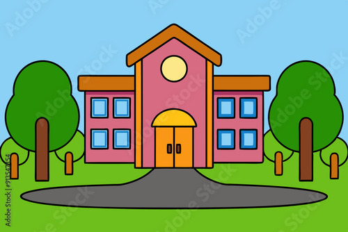 Cartoon School House Illustration. School building on a green lawn and road between trees vector art on a white background.
