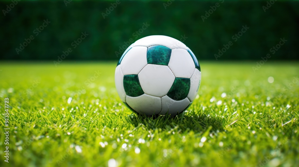 Fototapeta premium Soccer ball resting on a perfectly manicured artificial turf,
