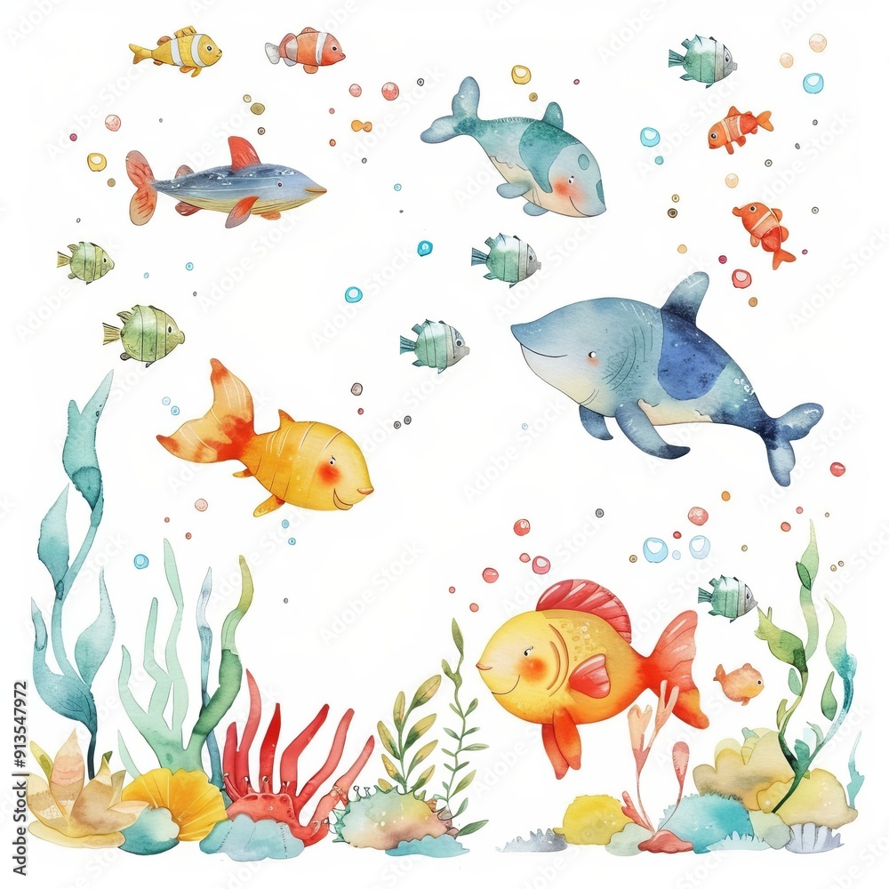 Naklejka premium Watercolor painting of a charming underwater scene with smiling sea creatures, on isolated white background
