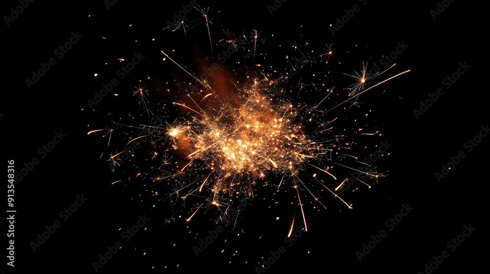 Close-up of glowing sparks exploding on black background. Close-up of glowing sparks exploding on black background.