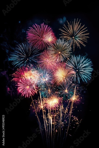 Fireworks display with colorful bursts exploding in the night sky.