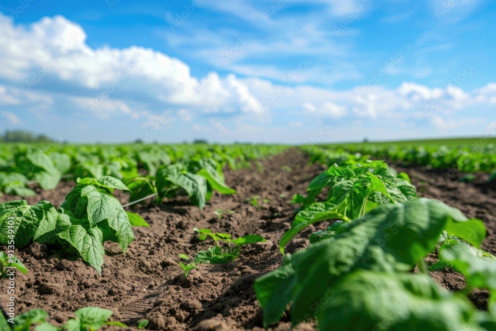 Lush Green Plants Growing in Sunlit Agricultural Field Under Clear Blue Sky Lush Green Plants Growing in Sunlit Agricultural Field Under Clear Blue Sky