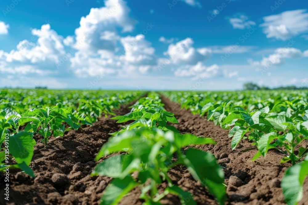 Lush Green Plants Growing in Sunlit Agricultural Field Under Clear Blue Sky