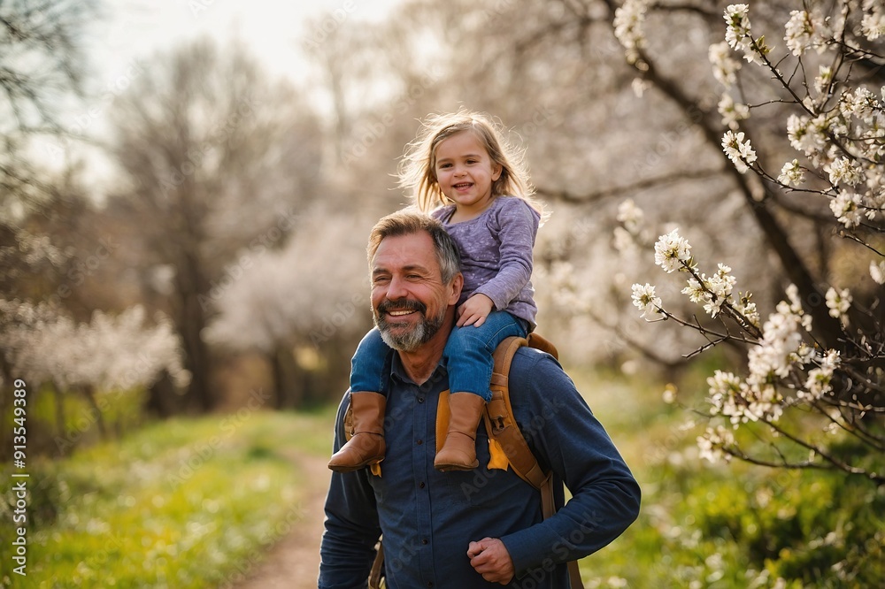 Dad having fun with young daughter, carry her on shoulders, walking in spring nature Dad having fun with young daughter, carry her on shoulders, walking in spring nature