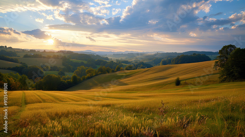 A picturesque countryside landscape with rolling hills, golden wheat fields under the soft glow of sunset