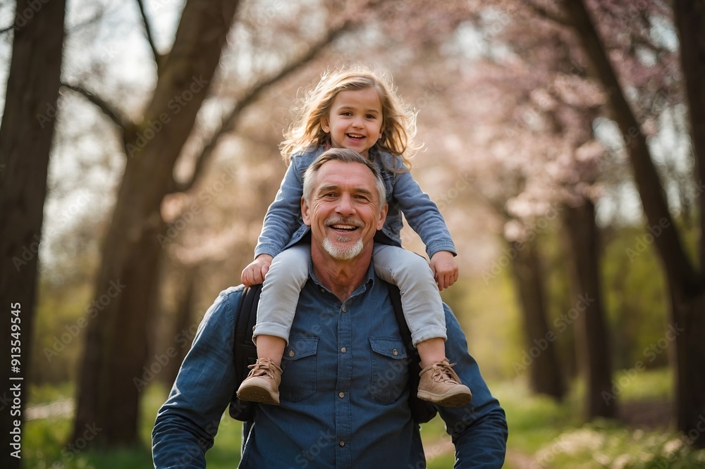 Dad having fun with young daughter, carry her on shoulders, walking in spring nature Dad having fun with young daughter, carry her on shoulders, walking in spring nature