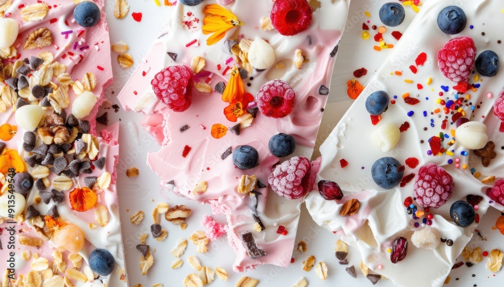 Colorful Frozen Yogurt Bark With Fresh Fruit and Nut Toppings in Bright Kitchen