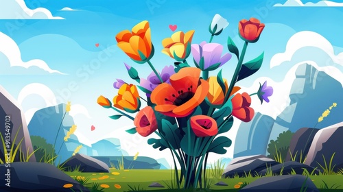 A lively arrangement of bright blooms showcases the beauty of nature in a charming, stylized garden scene.