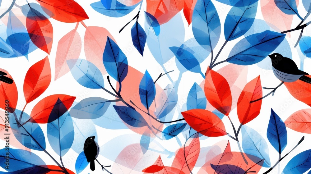 Vibrant abstract floral design featuring delicate birds, a stunning blend of red and blue motifs on a white backdrop. Vibrant abstract floral design featuring delicate birds, a stunning blend of red and blue motifs on a white backdrop.
