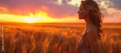 Woman in a Field at Sunset with Golden Light and Dramatic Sky in the Background photo